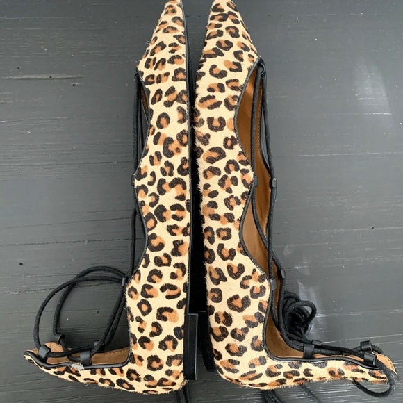 Zara Brown Leopard Pointed Toe Lace Up Flats - Picture 6 of 8